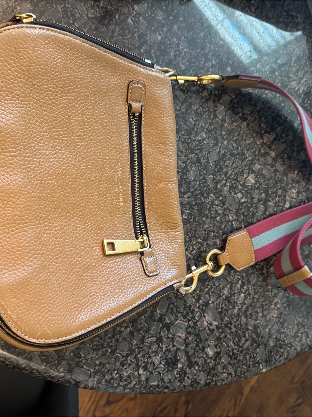 Marc Jacobs Tan Pebbled Leather Crossbody with Striped Strap